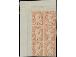 1 Ngr., Probedruck in zinnoberrot, 6er-Block aus der linken oberen Bogenecke, mit breiten Bogenrändern, ungummiert. Eine selt