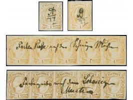 1 Ngr.-Probedrucke nach Vorlage von Schweizer Strubel-Marken in den Farben gelbbraun und gelb, 2 Einzelwerte beschriftet "A/7