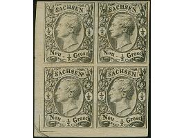 ½ Ngr. auf mattgrau, Eckrandviererblocks aus allen 4 Ecken des Druckbogens, mit breiten Bogenrändern, 3 Stück mit kpl. Eckwin