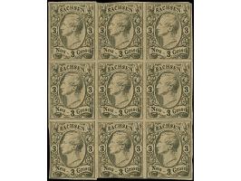 Probedruck 3 Ngr. auf braunem Papier, 9er-Block, meist voll- bis breitrandig, ungummiert, durch die unteren Werte und am ober