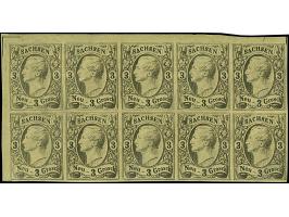 3 Ngr. auf hellgelb, kompletter Schalterbogen von 10 Werten, farbfrisch und breitrandig, oben und links mit enorm breiten Bog