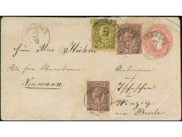 3 Ngr. auf gelb und 2 Werte 1 Ngr. auf rosa, teils gerissen statt geschnitten und etwas berührt, als Zufrankatur auf Ganzsach