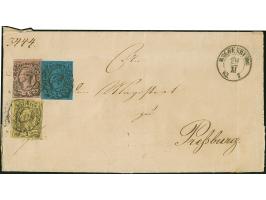 1 Ngr. auf rosa, 2 Ngr. auf blau und 3 Ngr. auf gelb, Erstere links angeschnitten, sonst meist voll- bis breitrandig, mit Nr.