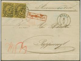 3 Ngr. auf gelb im waagerechte Paar, voll- bis breitrandig und farbfrisch mit klarer Nummer "196" auf rekommandierter Briefhü