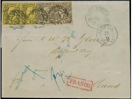 3 Ngr. auf gelb im waagerechten Paar und 2 Einzelwerte 1 Ngr. auf mattgraurot, mit Nr. "2" und sauber nebengesetztem Doppelkr