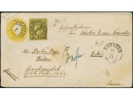 3 Ngr. auf gelb, oben gering berührt, sonst voll- bis breitrandig, als Zufrankatur auf Ganzsachenumschlag 3 Ngr. gelb, mit Nr