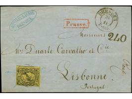 3 Ngr. auf gelb, mit sauberer Nr. "1" und nebengesetztem Doppelkreisstempel "DRESDEN 24/11". auf Briefvorderseite nach Lissab