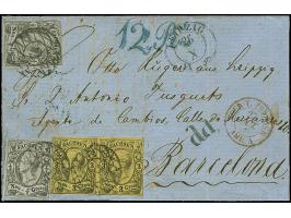 3 Ngr. auf gelb im waagerechten Paar und 2 Einzelwerte ½ Ngr. auf grau, meist voll- bis breitrandig, mit Nr. 2 und sauber neb