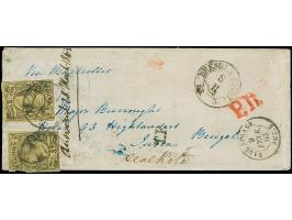 3 Ngr. auf gelb, 2 Einzelwerte, einer durch Randklebung etwas beschädigt, mit Doppelkreisstempel "DRESDEN NEUST. 8/II 63" auf