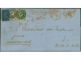 ½ Ngr. auf grau, 2 Ngr. auf blau und 1851/63, Wappen 3 Pfg. grün, treppenförmig geklebt und soweit sichtbar alle voll- bis br