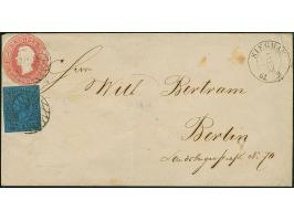 2 Ngr. auf blau, vollrandig, und Ganzsachenausschnitt 1 Ngr. rosa, rund geschnitten, mit Nr. "213" und nebengesetztem Doppelk