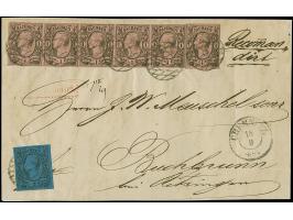 1 Ngr. auf mattgraurot im waagerechten 5er-Streifen mit weiterer 1 Ngr. und 2 Ngr. auf blau, alle farbfrisch und voll- bis br