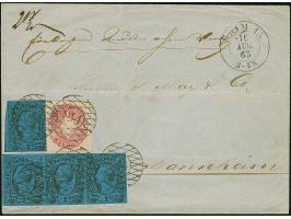 2 Ngr. auf blau, waagerechter 3er-Streifen und Einzelwert, 2 Marken einseitig leicht berührt, in Mischfrankatur mit Wappenaus