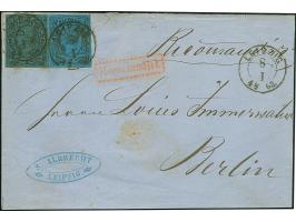 2 Ngr. auf blau, 2 Einzelwerte in verschiedenen Farben und aus unterschiedlichen Auflagen stammend, beide voll-bis breitrandi