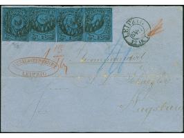 2 Ngr. auf blau, 4 Einzelwerte, 2 unten leicht berührt, sonst alle voll- bis breitrandig, mit Nr. "2" und nebengesetztem Dopp