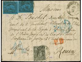 2 Ngr. auf blau, 2 Einzelwerte, zusammen mit ein halb Ngr. auf grau, ein Wert links berührt, sonst alle voll- bis breitrandig