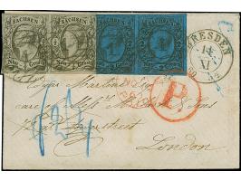 2 Ngr. auf blau im waagerechten Paar, voll- bis breitrandig, zusammen mit waagerechten Paar ½ Ngr. auf grau (rechts berührt u