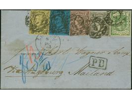 ½ Ngr. auf mattgrau, 1 Ngr. auf graurot, 2 Ngr. auf blau und 3 Ngr. auf gelb und 1851/63, 3 Pfg. grün, als Streifen geklebt m