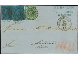 2 Ngr. auf blau, 2 Einzelwerte, mit 1851/63, 3 Pfg. grün, letztere oben leicht berührt, sonst alle voll- bis breitrandig, mit