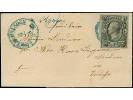 ½ Ngr. auf grau, voll- bis breitrandig, mit auf- und nebengesetztem blauen Bahnpost-DKr. "LEIPZIG-DRESDEN Z. XII 4/X." Auf kl