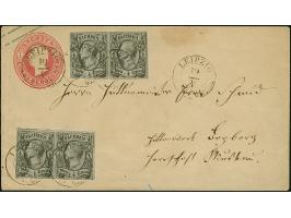 ½ Ngr. auf grau, 2 waagerechte Paare, ein Wert berührt, sonst voll- bis breitrandig, als Zufrankatur auf Ganzsachenumschlag 1