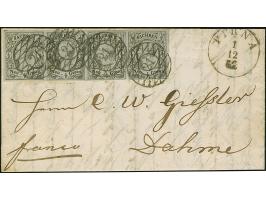 ½ Ngr. auf grau, Type I, waagerechter 4er-Streifen, das rechte Paar unten leicht berührt, sonst voll- bis breitrandig, mit kl