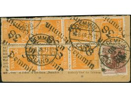 “38/Demmin Land” auf Arbeiter 60 Pfg. sowie “38/Demmin” auf Arbeiter 25 Pfg. im 3er- sowie einem 4er-Streifen, sauber gestemp