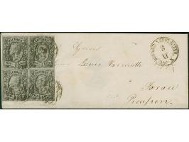 ½ Ngr. auf grau, Type I, im 4er-Block, voll- bis breitrandig, mit Nr. "3" und nebengesetztem Einkreisstempel "DRESDEN NEUST.-