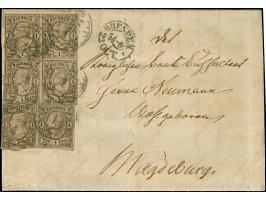 1 Ngr. auf mattgraurot, Type I, 4er-Block und waagerechtes Paar, mit Nr. "1" und nebengesetztem Doppelkreisstempel "DRESDEN 2