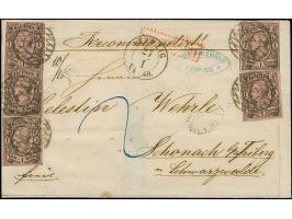 1 Ngr. auf mattgraurot, 5 Einzelwerte, meist voll- bis breitrandig, mit klar aufgesetzter Nr. "2" auf Reco-Briefhülle mit neb