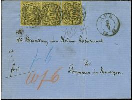 3 Ngr. auf gelb, 3 Einzelwerte, meist voll- bis breitrandig, mit jeweils sauber aufgesetzter Nr. "110" und sauber nebengesetz