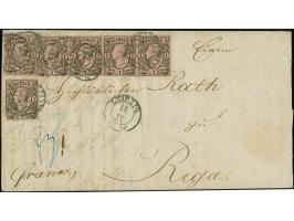 1 Ngr. auf mattgraurot, waagerechter 4er-Streifen und 2Einzelstücke, mit Nr. "2" und sauber nebengesetztem Doppelkreisstempel