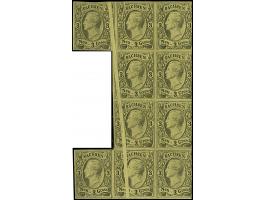 3 Ngr. auf gelb, unregelmäßiger senkrechter 10er-Block mit markanter Druckfalte über 4 Werte gehend; ungummiert. Ein interess