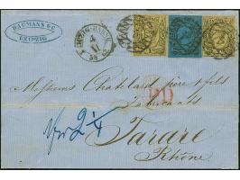 3 Ngr. auf gelb, 2 Einzelwerte, abwechselnd geklebt mit 2 Ngr. auf blau, alle voll- bis breitrandig, mit Nr. "4" und sauber n