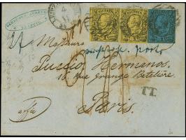 3 Ngr. auf gelb, 2 Einzelwerte, mit 2 Ngr. auf blau, teils leicht berührt, mit Nr. "4" und nebengesetztem Doppelkreisstempel 