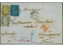 3 Ngr. auf gelb, 2 Ngr. auf blau und ½ &nbsp;Ngr. auf grau, letztere voll- bis breitrandig, die anderen einseitig berührt, mi