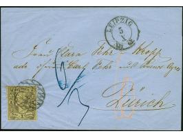 3 Ngr. auf gelb, oben berührt, sonst voll- bis breitrandig, mit Nr. "2" und sauber nebengesetztem Doppelkreisstempel "LEIPZIG