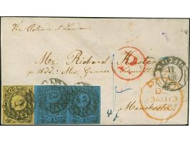 3 Ngr. auf gelb und waagerechtes Paar &nbsp;2 Ngr. auf blau, alle voll- bis breitrandig, mit Nr. "2" und nebengesetztem Doppe