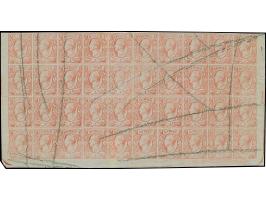 5 Ngr. ziegelrot, 40er-Bogenteil eines Andruckbogens mit dreiseitig breiten Bogenrändern; ungummiert und entwertet durch Farb