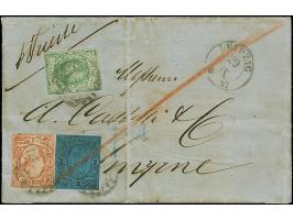 5 Ngr. ziegelrot und 2 Ngr. auf blau, zusammen mit 1851/63, 3 Pfennig grün, mit Nr. 2 und nebengesetztem Doppelkreisstempel "