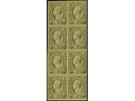 3 Ngr. auf gelb im senkrechten 8er-Block, voll- bis breitrandig, ungebraucht mit Originalgummi. Eine äußerst seltene Einheit.