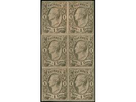 1 Ngr. auf mattgraurot im senkrechten 6er-Block, voll- bis breitrandig, ungebraucht mit Originalgummi. Eine äußerst seltene E
