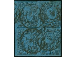 2 Ngr. auf blau im 4er-Block, die linke obere Marke oben teils minimal berührt, sonst voll- bis meist breitrandig, sauber ent