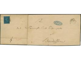 2 Ngr. auf blau, unten rechts etwas berührt, sonst voll- bis breitrandig, mit Nr. "1" und nebengesetztem Doppelkreisstempel "