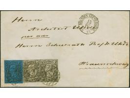 2 Ngr. auf blau und waagerechtes Paar ½ Ngr. auf grau, alle voll- bis breitrandig, mit Nr. "3" und nebengesetztem Doppelkreis