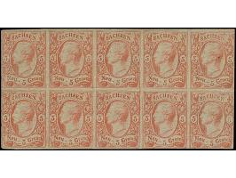 5 Ngr. scharlachrot, vollständiger Schalterbogen von 10 Marken, teils entlang der Randlinie geschnitten, unten 2 kleine Rands