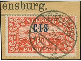 1920, C.I.S. 2 ½ Pfg. – 10 M., je mit sauberem Stempel "FLENSBURG 1k 10.2.20" auf Briefstücken. Einwandfrei. Fotoattest Grube