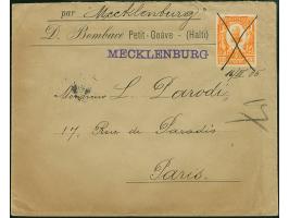 “MECKLENBURG” violetter L1 mit handschriftlichem Datum “16/III.05” auf Vordruckbrief mit Ausgabe 1904 20 C. orange mit Feders