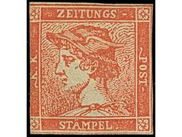 1856, “Zinnober Merkur” 6 Kr., Type IIIb, dreiseitig lupenrandig bzw. an der Randlinie geschnitten, links etwas tangiert, in 