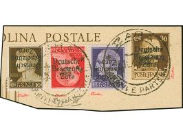 10 C., 20 C. und 1 L., je mit kopfstehendem Aufdruck, dabei die 20 C. in der seltenen Type III, mit Stempel "ZARA 16.10.43 au